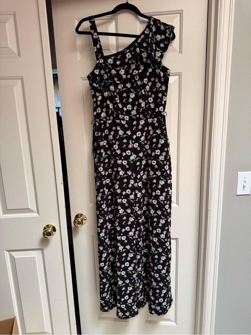 Gabby Skye Black Floral Wide Leg One-Shoulder Jumpsuit